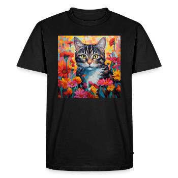 cat, cat motif, flowers, gift, gift idea - Men's Premium Organic T-Shirt - black - Front - Nico (187cm)