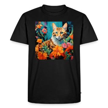 cat, cat motif, flowers, gift, gift idea - Men's Premium Organic T-Shirt - black - Front - Nico (187cm)