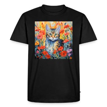 cat, cat motif, flowers, gift, gift idea - Men's Premium Organic T-Shirt - black - Front - Nico (187cm)