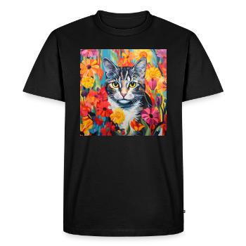 cat, cat motif, flowers, gift, gift idea - Men's Premium Organic T-Shirt - black - Front - Nico (187cm)