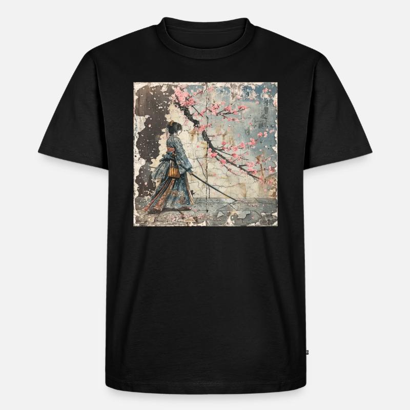 Japanisch, Samurai, Kirschblüte, Kunst, Ukiyo-E - Männer Premium Bio T-Shirt - Schwarz
