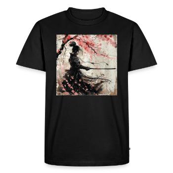 Japanese, Samurai, Cherry Blossom, Art, Ukiyo-E - Men's Premium Organic T-Shirt - black - Front - Nico (187cm)