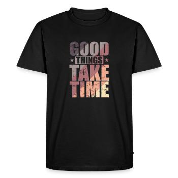 Les bonnes choses prennent du temps La qualité plutôt que la quantité - T-shirt Premium bio Homme - noir - Devant - Nico (187cm)
