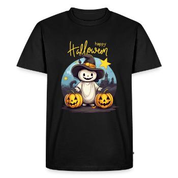 Petit fantôme célébrant Halloween avec un chapeau de sorcière - T-shirt Premium bio Homme - noir - Devant - Nico (187cm)