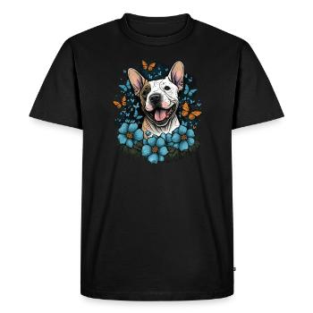 Cheerful Bull Terrier with flowers and butterfly - Men's Premium Organic T-Shirt - black - Front - Nico (187cm)