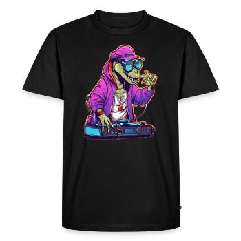 Techno, Cyberpunk, Dinosaures, EDM, Musique, Rave - T-shirt Premium bio Homme - noir - Devant - Nico (187cm)