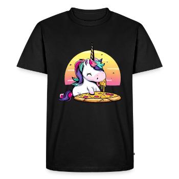 Licorne mangeant une pizza au coucher du soleil - T-shirt Premium bio Homme - noir - Devant - Nico (187cm)