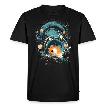 Motif d’espace rétro en bleu, turquoise, orange et beige - T-shirt Premium bio Homme - noir - Devant - Nico (187cm)