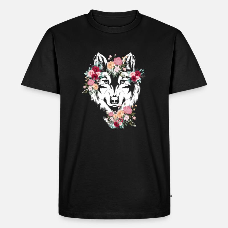 Wolf Wolfskopf Blumen Deko - Männer Premium Bio T-Shirt - Schwarz