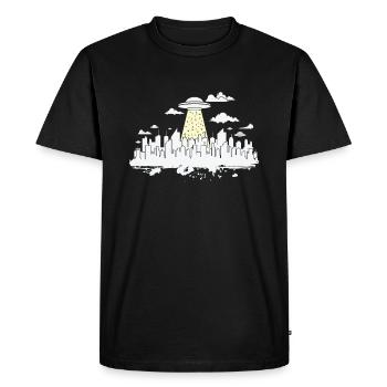 Skyline with UFO Building City Silhouette - Men's Premium Organic T-Shirt - black - Front - Nico (187cm)