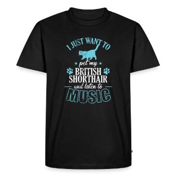 Caresser mon British Shorthair et écouter de la musique - T-shirt Premium bio Homme - noir - Devant - Nico (187cm)