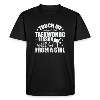 Touchez-moi et votre première leçon de taekwondo - T-shirt Premium bio Homme - noir - Devant - Nico (187cm)
