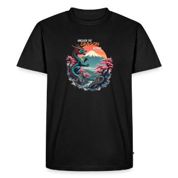 Dragon japonais au mont Fuji avec fleurs de cerisier - T-shirt Premium bio Homme - noir - Devant - Nico (187cm)