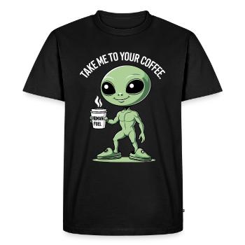 Alien with coffee mug - Men's Premium Organic T-Shirt - black - Front - Nico (187cm)