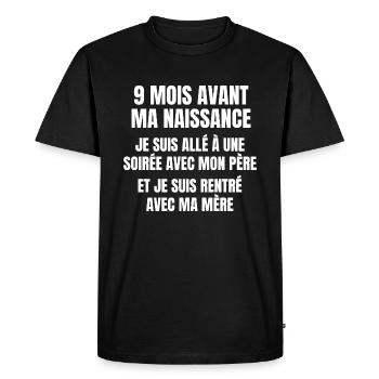 9 mois avant ma naissance - T-shirt Premium bio Homme - noir - Devant - Nico (187cm)