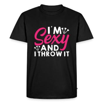 Je suis sexy et je le lance - Fléchettes - T-shirt Premium bio Homme - noir - Devant - Nico (187cm)