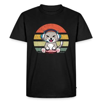 Retro Gaming Cat Playing Video Game Lover Gaming - Men's Premium Organic T-Shirt - black - Front - Nico (187cm)