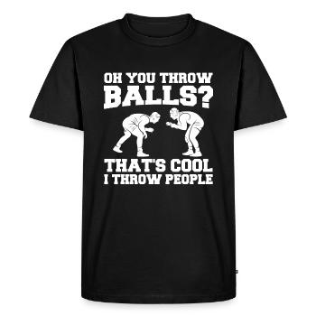 Oh tu lances des balles ? C’est cool que je jette les gens - T-shirt Premium bio Homme - noir - Devant - Nico (187cm)