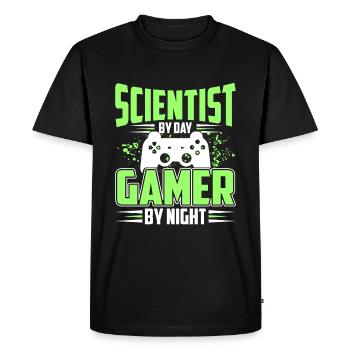 Scientifiques le jour, joueurs la nuit - T-shirt Premium bio Homme - noir - Devant - Nico (187cm)