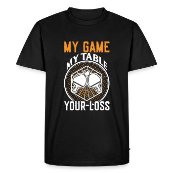 Mon jeu Ma table Votre perte - T-shirt Premium bio Homme - noir - Devant - Nico (187cm)
