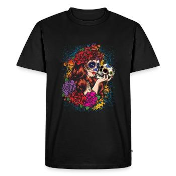 La Catrina Mexico Floral Muertos Dead Calavera - Men's Premium Organic T-Shirt - black - Front - Nico (187cm)