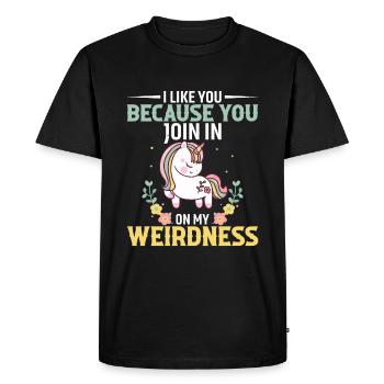 Je t’aime parce que tu te joins à mon étrangeté - T-shirt Premium bio Homme - noir - Devant - Nico (187cm)
