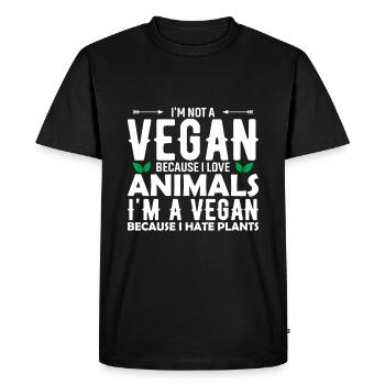 Je ne suis pas végétalienne parce que j’aime les animaux, je suis végétarienne - T-shirt Premium bio Homme - noir - Devant - Nico (187cm)