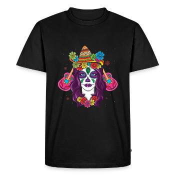 Colorful Calavera with Flowers and Sombrero - Men's Premium Organic T-Shirt - black - Front - Nico (187cm)