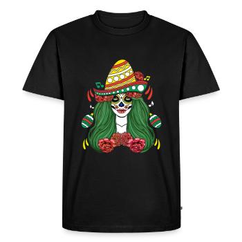 Colorful Calavera with Sombrero and Flowers - Men's Premium Organic T-Shirt - black - Front - Nico (187cm)