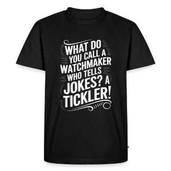 Comment appelle-t-on un horloger qui raconte des blagues ? Un t - T-shirt Premium bio Homme - noir - Devant - Nico (187cm)