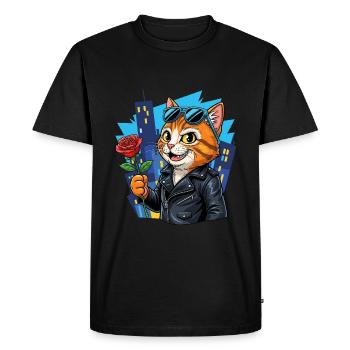 Chat cool avec rose – Offensive de charme ! - T-shirt Premium bio Homme - noir - Devant - Nico (187cm)
