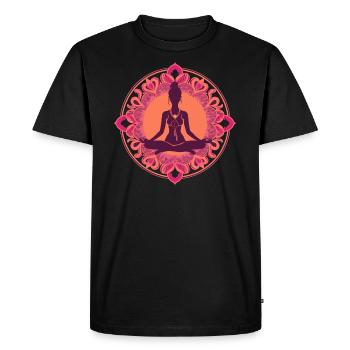 YogaFlair: Lotus pose avec style, femme avec chignon - T-shirt Premium bio Homme - noir - Devant - Nico (187cm)