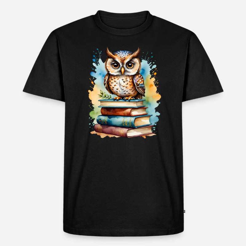 Büchereule bunt Aquarell - Männer Premium Bio T-Shirt - Schwarz