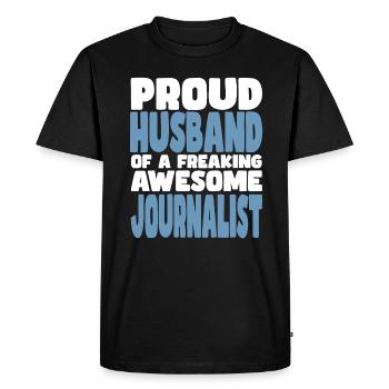 Fière épouse d’un sacré bon journaliste - T-shirt Premium bio Homme - noir - Devant - Nico (187cm)