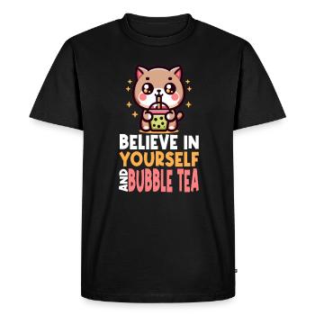 Kawaii Cat Bubble Tea Boba Drink Korean Asian - Men's Premium Organic T-Shirt - black - Front - Nico (187cm)