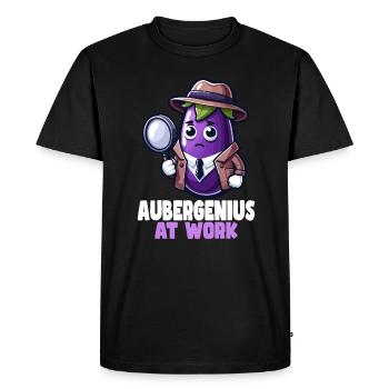 Aubergenius At Work Funny Word Game - Men's Premium Organic T-Shirt - black - Front - Nico (187cm)