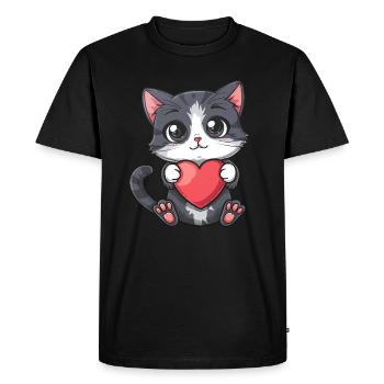 Chaton mignon tenant un coeur avec de grands yeux et rose - T-shirt Premium bio Homme - noir - Devant - Nico (187cm)