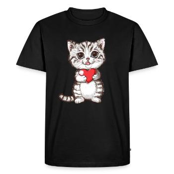 Cute Kitten Holding Red Heart Adorable Love Cat - Men's Premium Organic T-Shirt - black - Front - Nico (187cm)