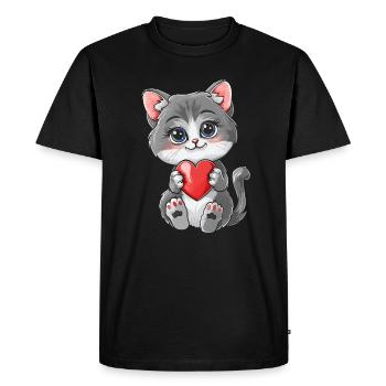 Cute Kitten Holding Heart Adorable Cat Art for - Men's Premium Organic T-Shirt - black - Front - Nico (187cm)