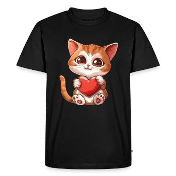 Adorable Kitten Holding Heart With Big Eyes - Men's Premium Organic T-Shirt - black - Front - Nico (187cm)