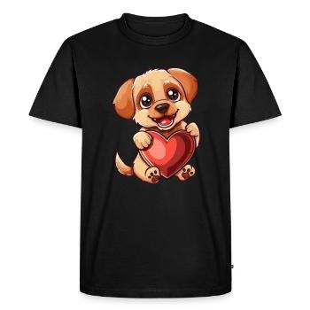 Adorable chiot tenant un coeur - Mignon et affectueux - T-shirt Premium bio Homme - noir - Devant - Nico (187cm)