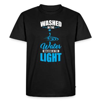 Lavé dans l’eau, marchant dans la lumière - T-shirt Premium bio Homme - noir - Devant - Nico (187cm)