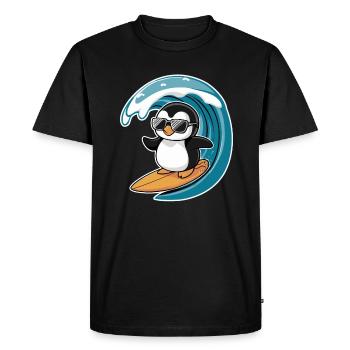 Cool penguin on surfboard under wave - Men's Premium Organic T-Shirt - black - Front - Nico (187cm)