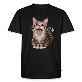 Cheerful tabby cat with wide open - Men's Premium Organic T-Shirt - black - Front - Nico (187cm)