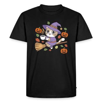 Cute Halloween cat with witch hat and pumpkins - Men's Premium Organic T-Shirt - black - Front - Nico (187cm)