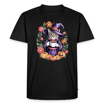 Chat sorcière Halloween avec des citrouilles et des fleurs - T-shirt Premium bio Homme - noir - Devant - Nico (187cm)