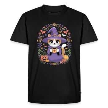 Halloween Witch Cat With Pumpkins - Men's Premium Organic T-Shirt - black - Front - Nico (187cm)