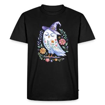 Chouette d'Halloween avec chapeau de sorcière et fleurs - T-shirt Premium bio Homme - noir - Devant - Nico (187cm)