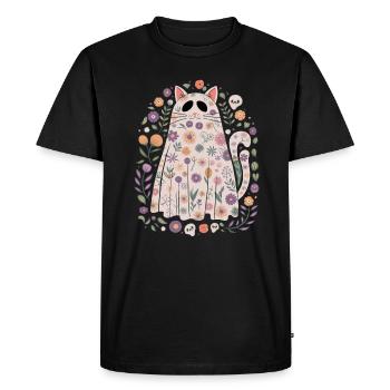 Cute Halloween Ghost Cat With Flowers - Men's Premium Organic T-Shirt - black - Front - Nico (187cm)