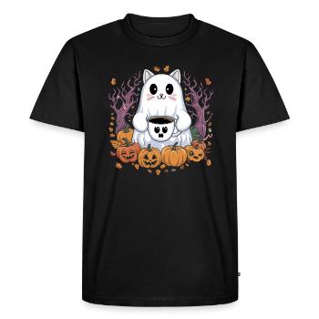 Chat mignon d'Halloween avec du café et des citrouilles - T-shirt Premium bio Homme - noir - Devant - Nico (187cm)